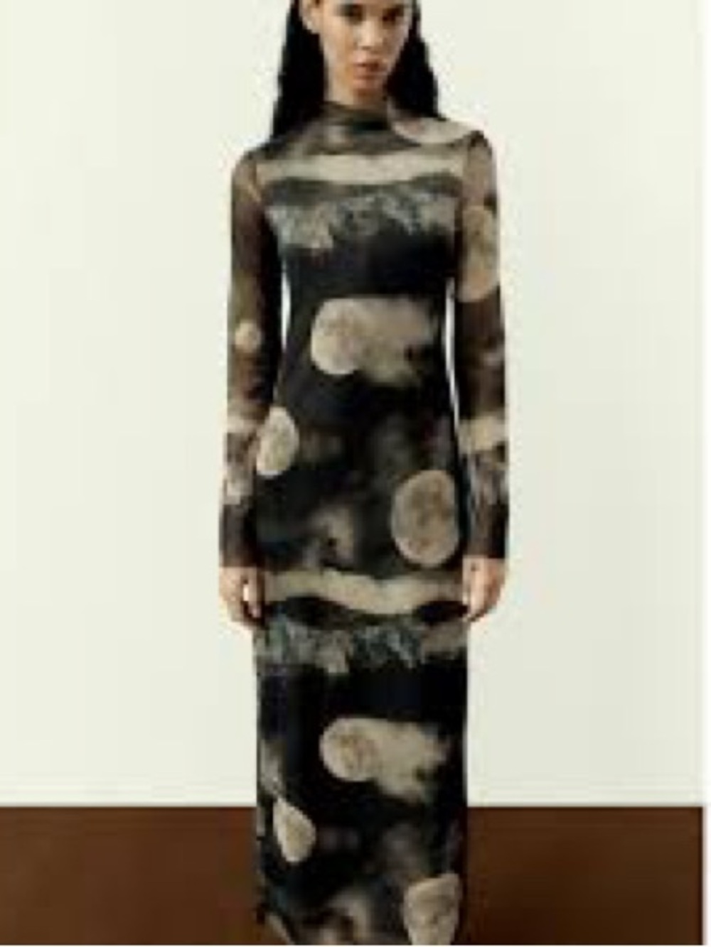 Sold. Zara Black Maxi Dress with Taupe Circular Print